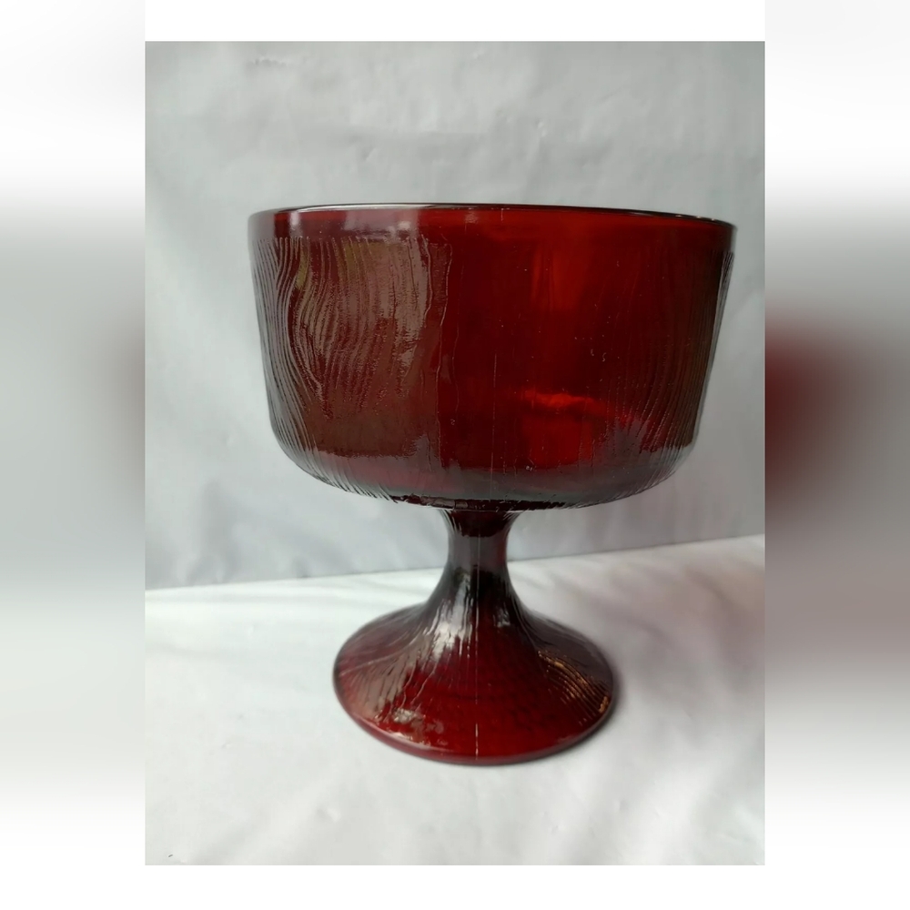 Vintage Hoosier Glass Tree Bark Red Footed Ribbed Pedestal Compote Candy…